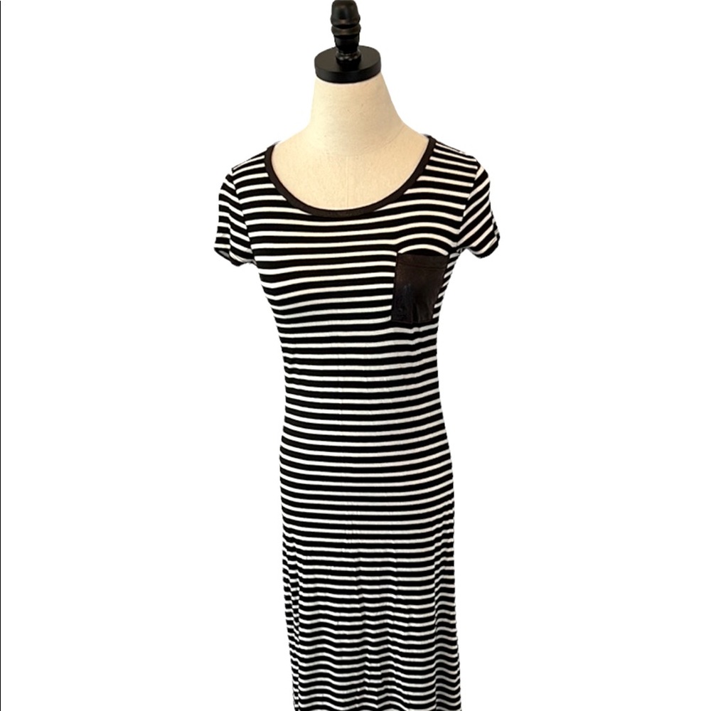 Black and White Striped Maxi Dress with Faux Leather Trim